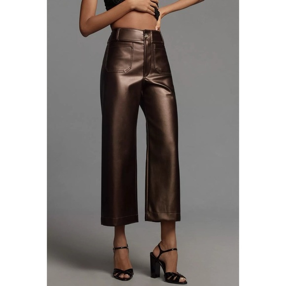 New Anthropologie The Colette Wide Leg Pants Maeve Faux Leather Brown 30T Tall - Picture 1 of 12